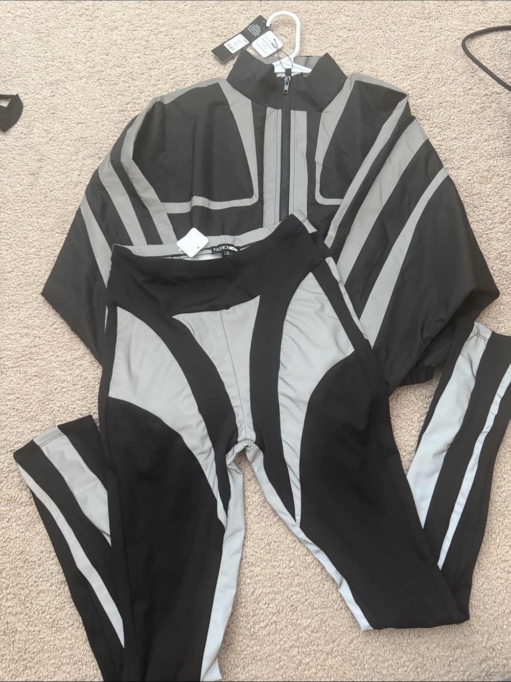 Fashion Nova Black & Gray Reflective Two-Piece Active Set